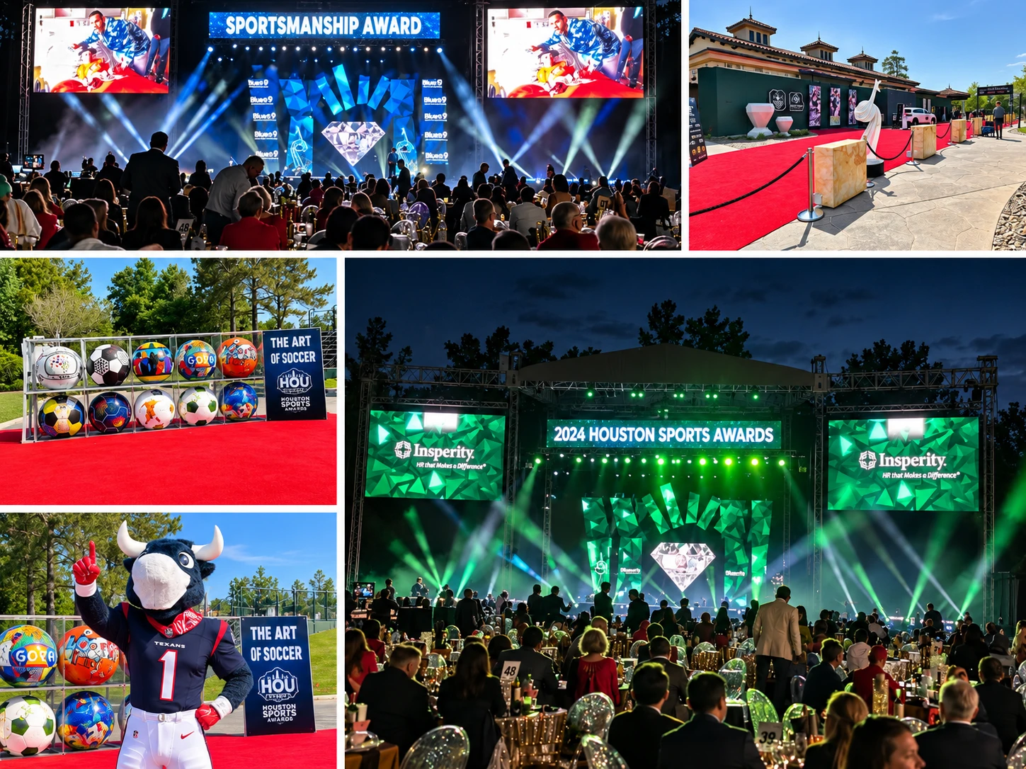 Escenario, alfombra roja, activación 'The Art of Soccer' y mascota de los Texans en los 2024 Houston Sports Awards