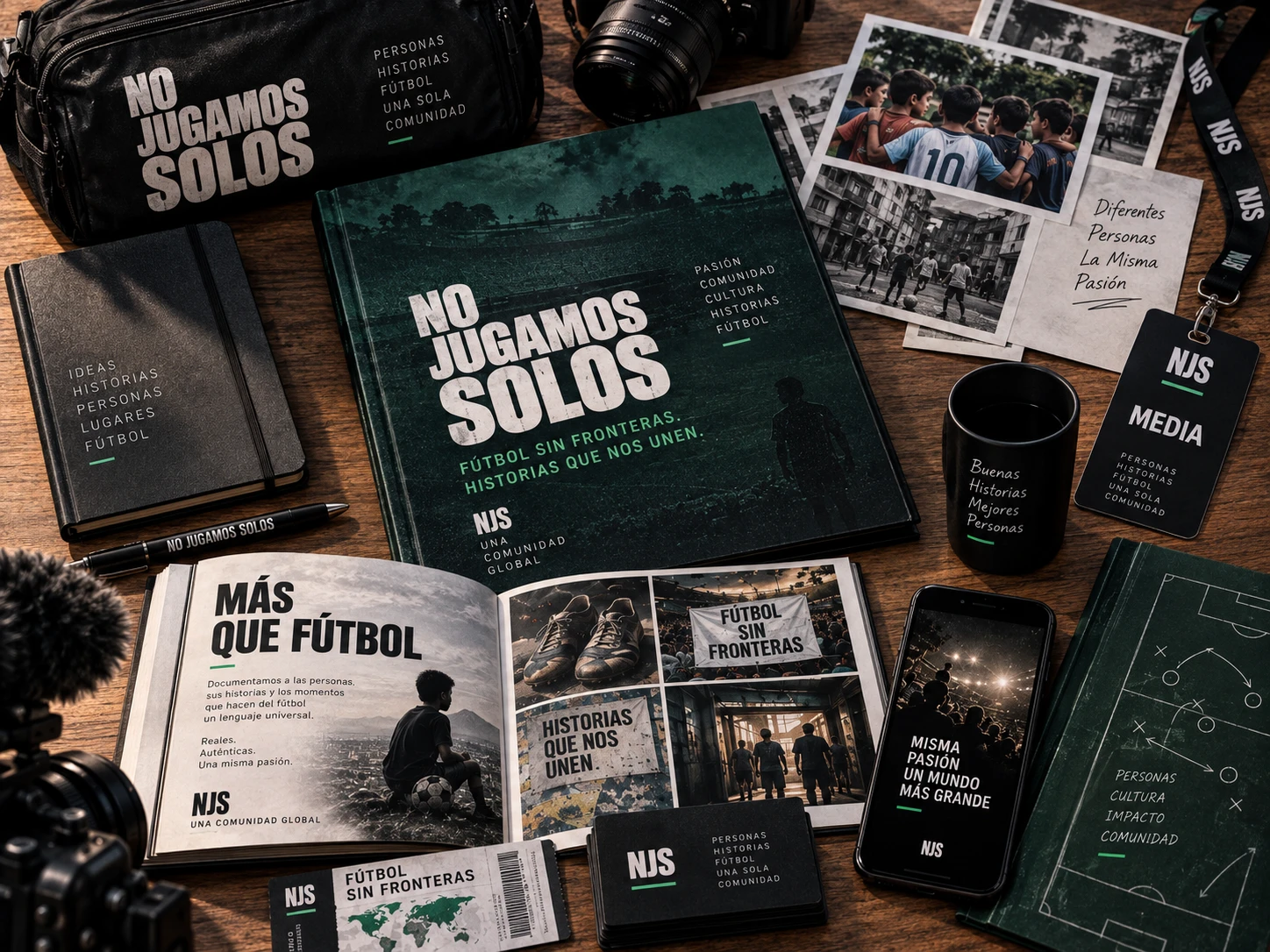 Identidad de marca y línea de producto de No Jugamos Solos: libro, papelería, gorra, mochila y credenciales