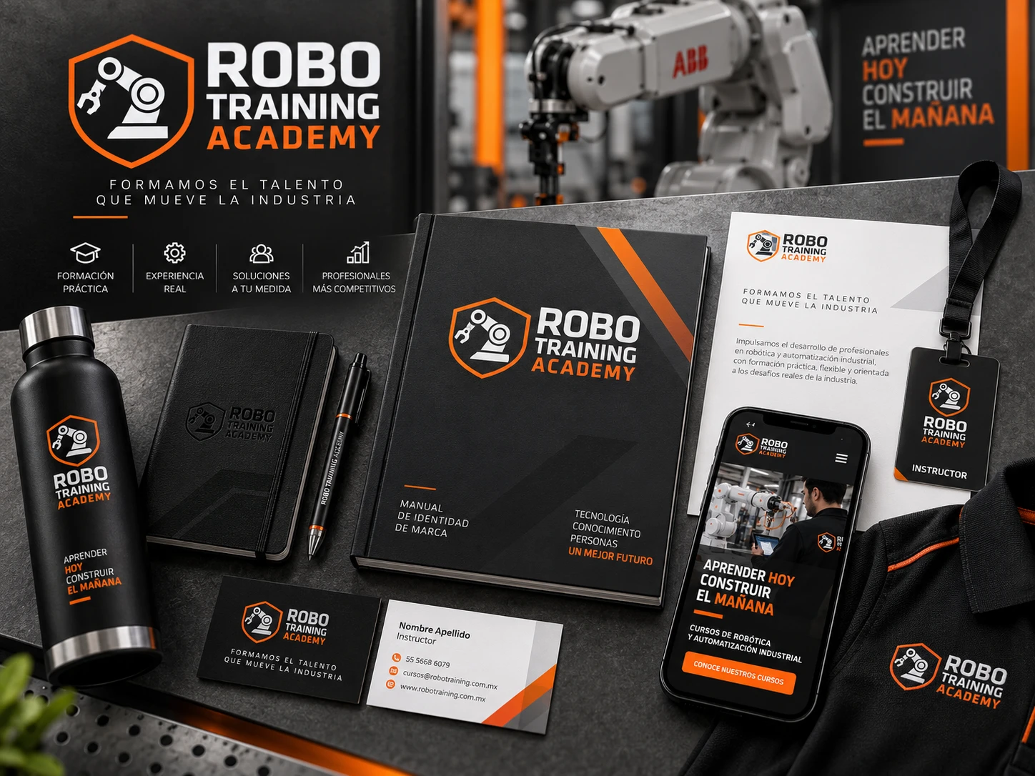Identidad de marca de RoboTraining Academy: logo, manual de marca, papelería y mockup de sitio web