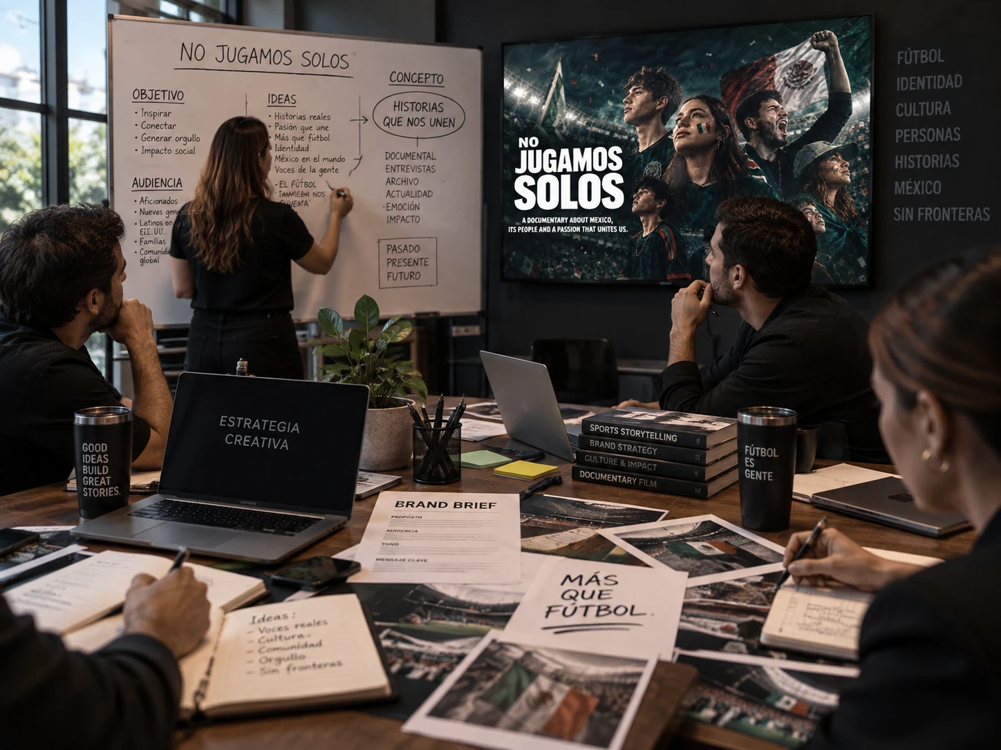 Creative strategy session for the No Jugamos Solos documentary, whiteboard and brand brief